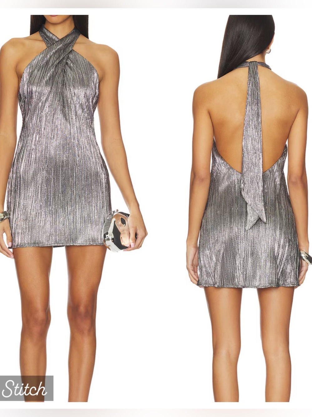 NEW! Show Me your Mumu Jasmine Tie Mini Dress in Pleated Silver